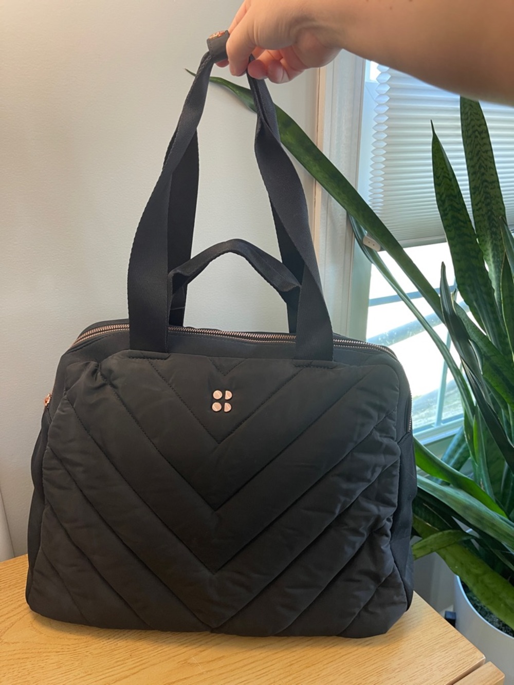 Sweaty Betty Black Gym/Yoga Tote with Rose Gold Accents